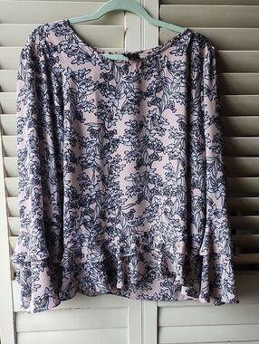 Worthington Pink Blouse with Navy Floral Print
